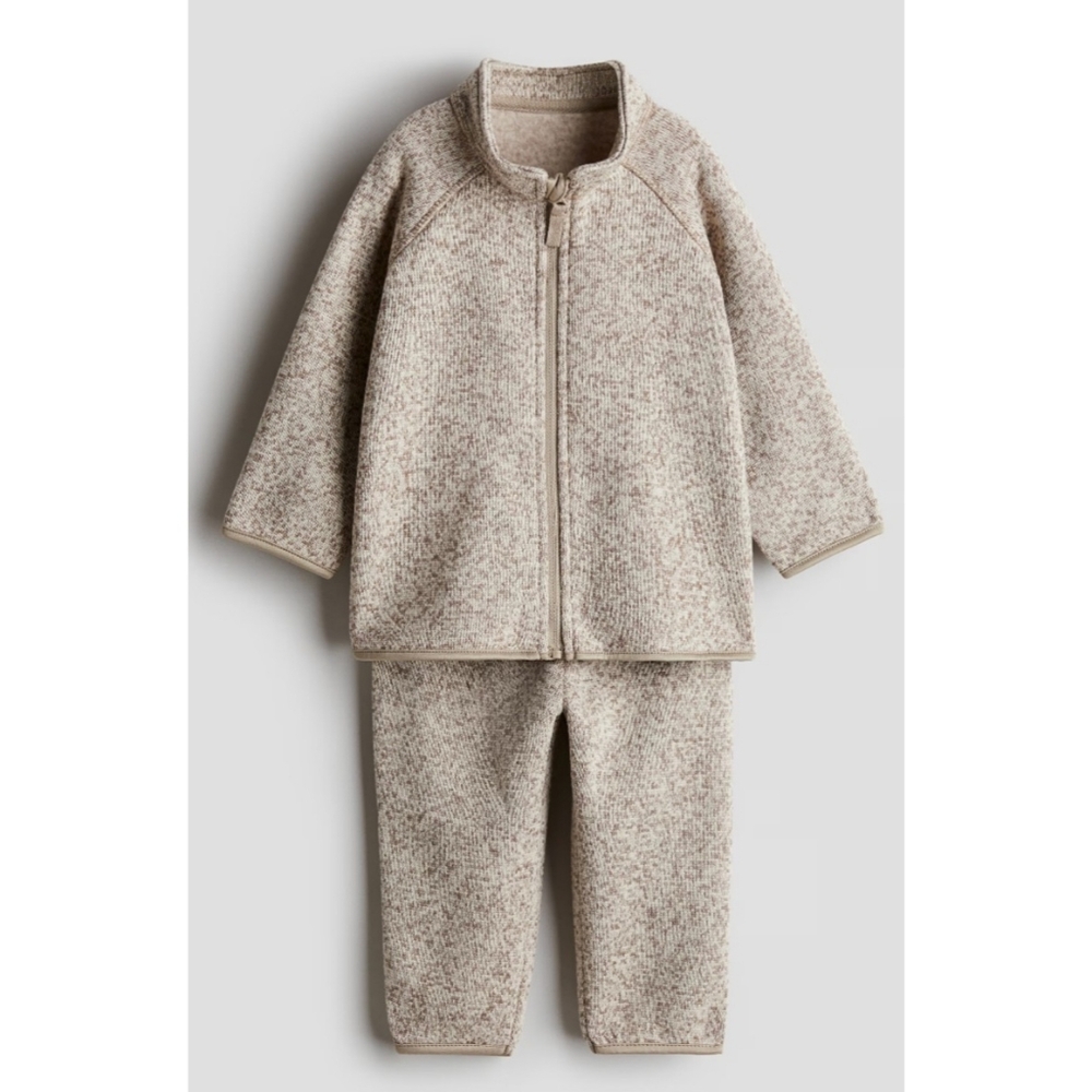 H&M 2 Piece Beige Fleece Set Zip Up High Neck Jacket & Pants